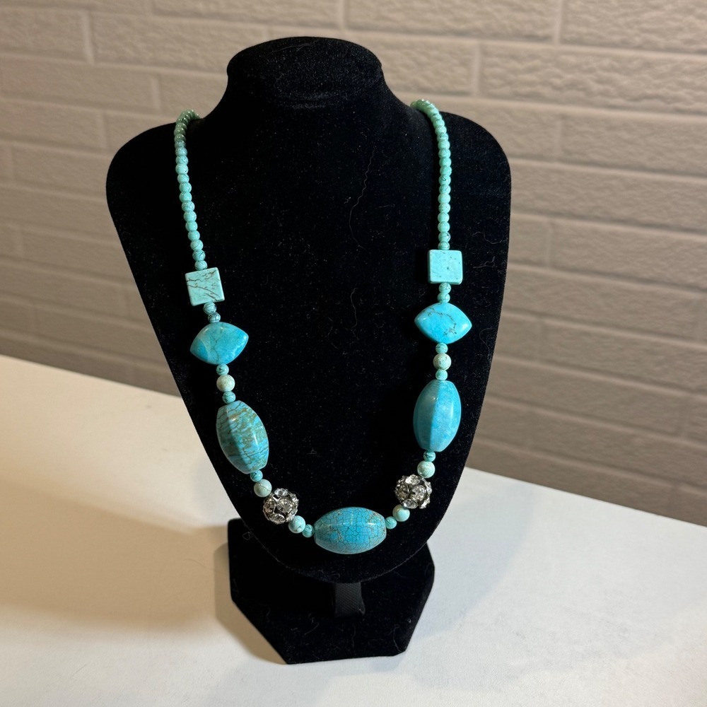 Vintage Ariel Signed Turquoise Beaded‎ Necklace with Crystal Accents